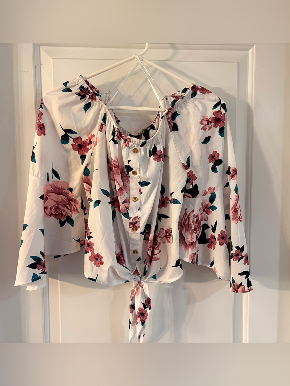 Button-Front Floral Tie Hem Blouse - White with Pink Floral Print